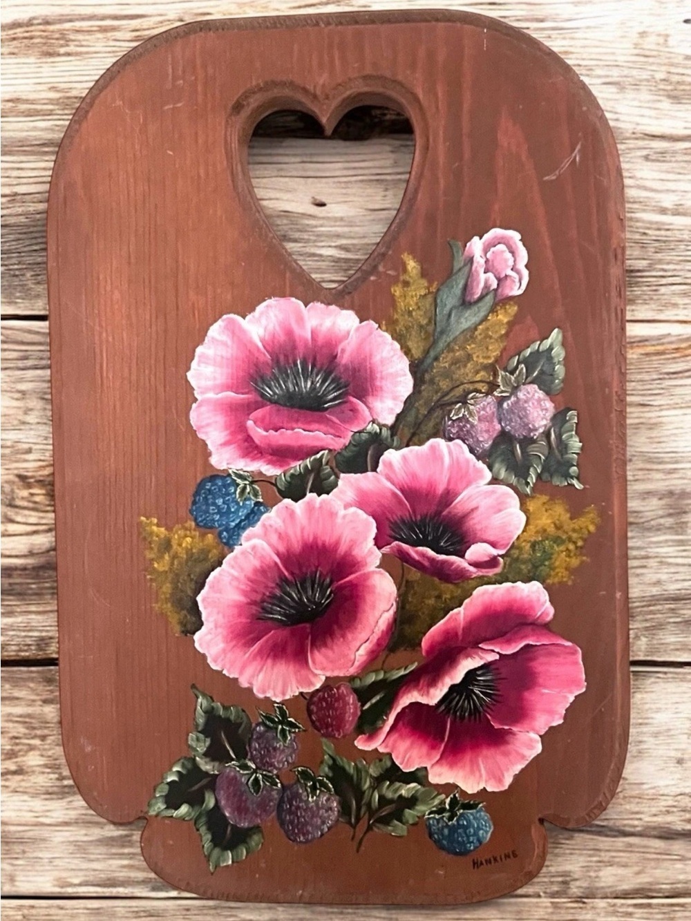 Vintage 90s Style Heart Wood Floral Wall Hanging/Hand Painted/Signed/Cottagecore
